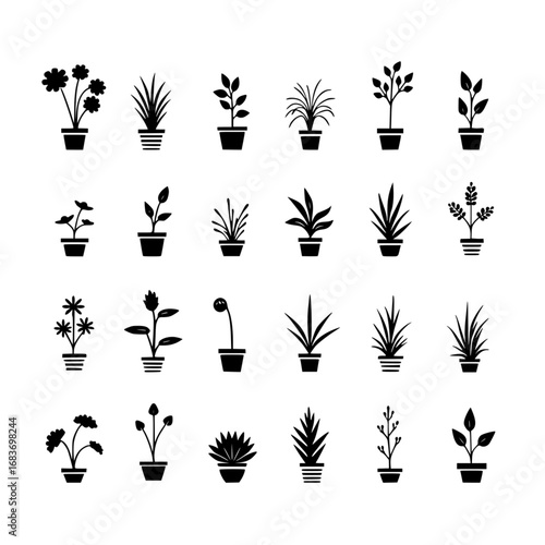 A captivating collection of potted plants arranged in neat rows, showcasing a range of botanical specimens and textures. vector illustration
