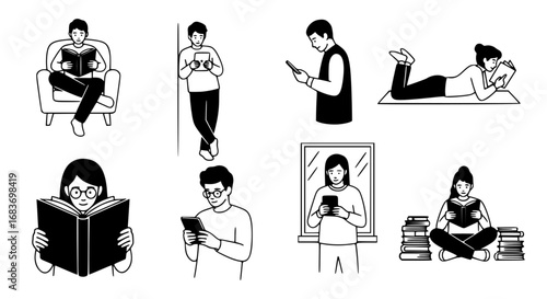 Diverse individuals immerse themselves in the captivating world of books and digital devices, exploring the realms of reading in various poses. A compilation that celebrates learning, leisure.