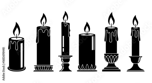 An artistic monochrome rendering of various lit candles in silhouette, perfect for evoking feelings of warmth, reflection, and commemoration. Each candle is unique in shape. vector illustration