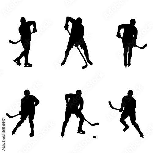 Six dynamic silhouettes capture the fluid movement and raw power of a hockey player on the ice. Each figure showcases the athleticism and skill. vector illustration