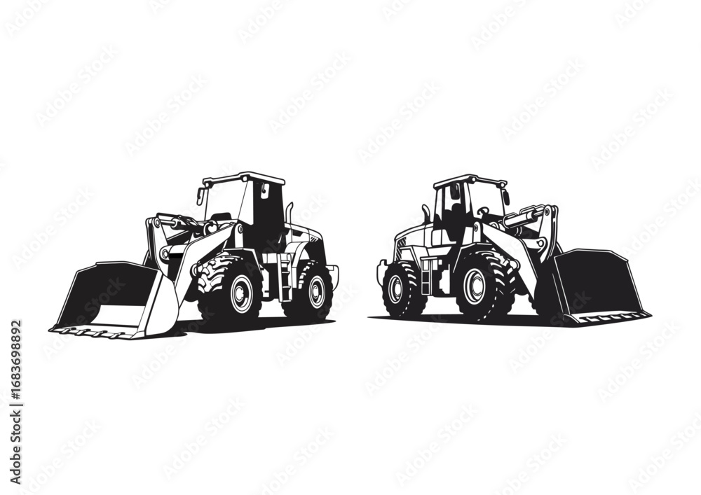 Fototapeta premium Bold vector silhouette set of heavy-duty front loader machinery for industrial and construction design