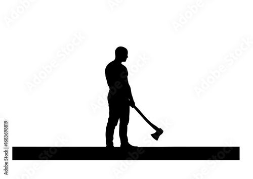 A dark silhouette of a man poised to chop wood, holding an axe - minimalist illustration