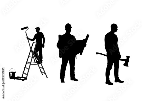 Silhouettes of construction workers, a painter, and a lumberjack in separate frames