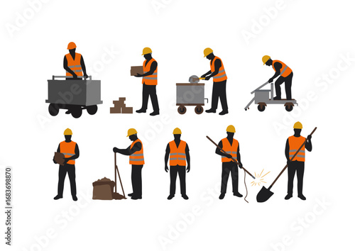 Essential construction workforce demonstrating various labor tasks on a dynamic building site, crucial for infrastructure development and industrial progress