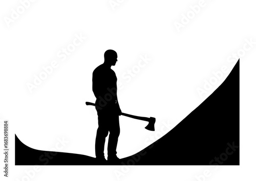 A black vector silhouette of a man holding a heavy axe. A stark graphic symbol of a worker, strength, and resilience on a white background