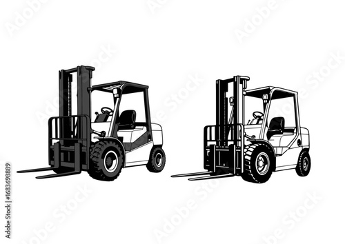 Two industrial forklift truck vector illustrations, a set of isolated heavy equipment for warehouse and logistics design concepts