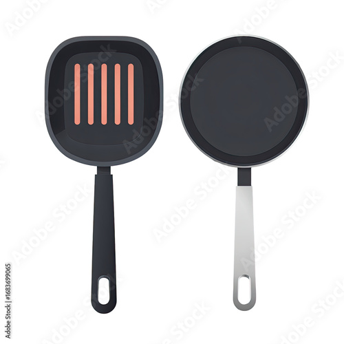 Two cartoon-style frying pans, one with cooked sausages