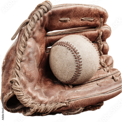 Aged baseball glove holding a ball