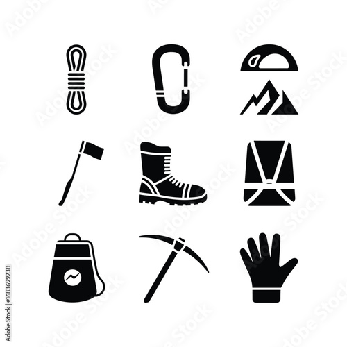Collection of black icons representing climbing and mountaineering gear for outdoor adventures