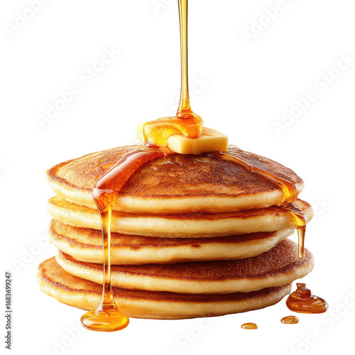Stack of golden brown pancakes topped with butter and dripping with syrup