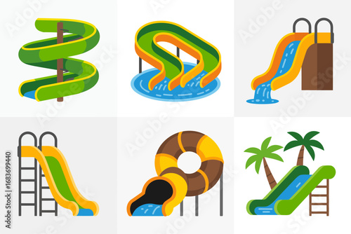 Tropical waterslide vector set, spiral aqua rides, swimming pool fun, water adventure activities, summer amusement park entertainment