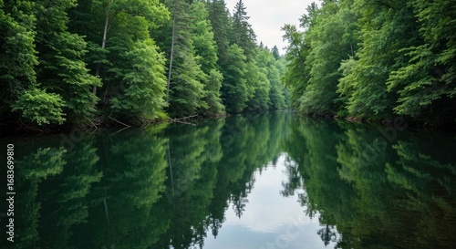 Serene forest reflected in still water