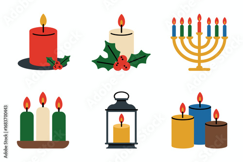 Christmas and winter candle illustration set, pillar candles with holly, menorah candle groupings, festive lighting, warm holiday designs