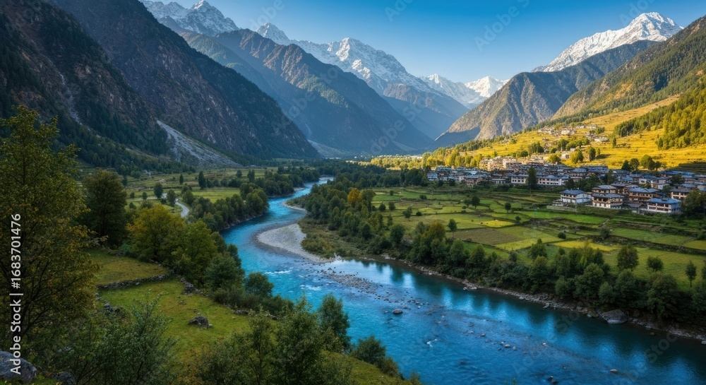 Fototapeta premium Serene mountain valley with a winding river and village nestled amongst peaks. Lush foliage and fields border the river, with snow-capped mountains in the backdrop