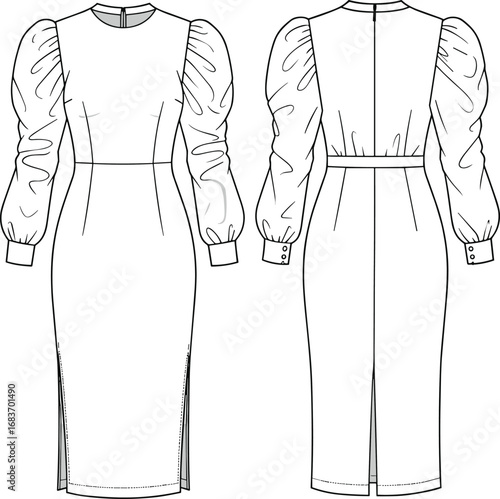 Long sleeve puff dress front and back cad flat sketch, technical fashion illustration, vector template, formal wear, stylish design drawing