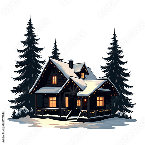 Black silhouette winter cabin with lights surrounded by pine trees  