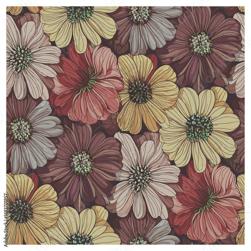"Botanical Bliss Seamless Pattern" – A stunning seamless floral pattern showcasing a diverse range of vibrant flowers in rich shades of burgundy, mustard, pink, and cream. With its finely detailed pet