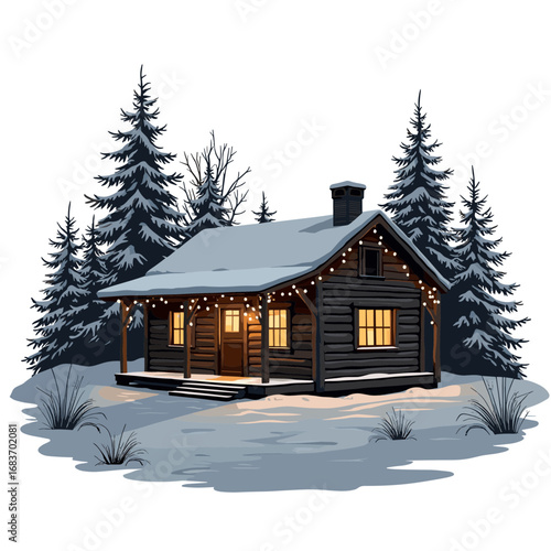 Winter cabin with warm lights surrounded by snow-covered trees  