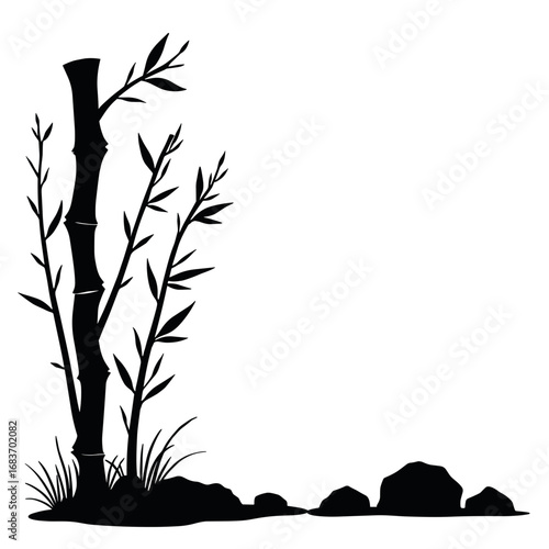 Black silhouette of bamboo sticks and stones on white background  