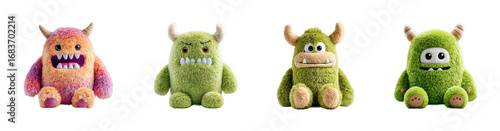 Colorful plush monsters bedroom toy PNG set, cut out, isolated on transparent background