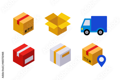 Shipping and parcel icons with delivery design, fragile label and gift box illustration, cardboard package and courier graphics, logistics vector set