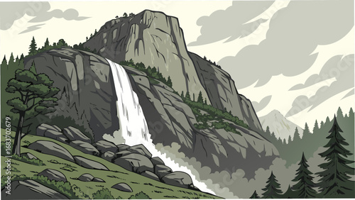 Detailed rocky mountain landscape with a cascading waterfall illustration