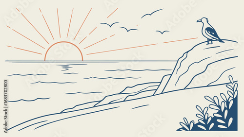 Minimalist line art of a sea and rising sun