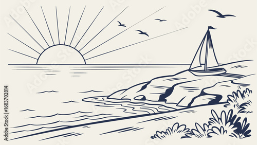 Minimalist line art of a sea and rising sun