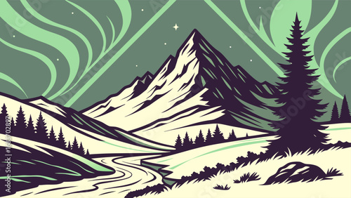 Aurora borealis over a snow covered mountain landscape