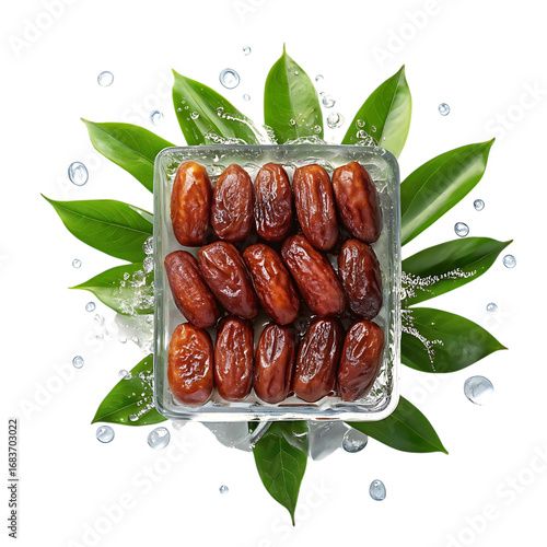 Healthy dried dates packed in clear plastic box surrounded by green leaves and water droplets isolated on transparent background