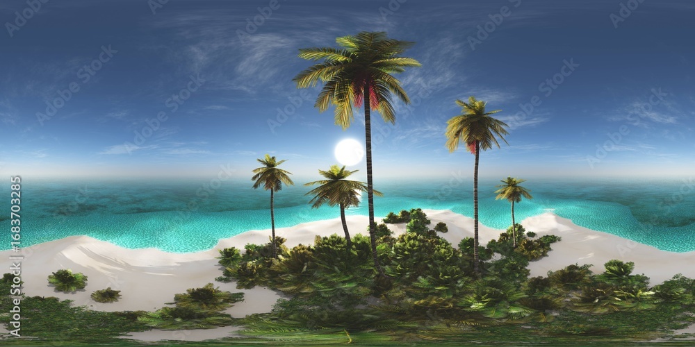 Fototapeta premium Tropical island with a palm tree at sunset. HDRI, environment map , Round panorama, spherical panorama, equidistant projection, panorama 360, seascape, 3d rendering.