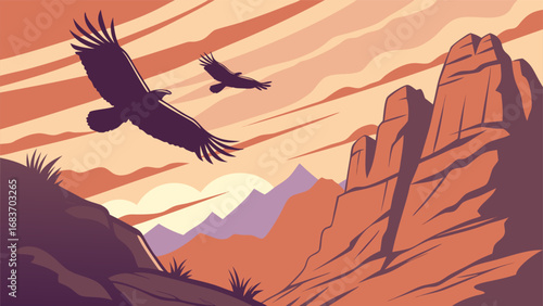 Majestic rocky mountains at sunset with soaring eagles