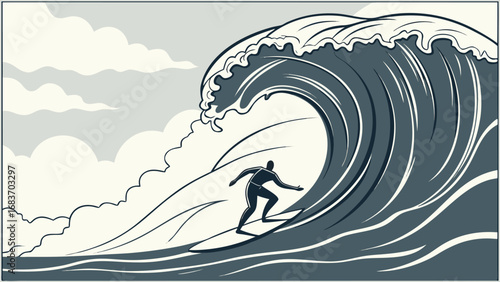 Dynamic surfer riding a massive ocean wave illustration