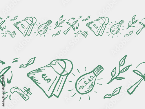 Hand drawn seamless border with ecology symbols. Brush stroke texture isolated on white. Vector sketch illustration in vintage crayon. Recycling, ecology friendly, zero waste craft package, web design