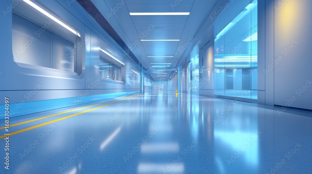 Fototapeta premium A futuristic sleek corridor with bright sky blue lighting, polished reflective floors,