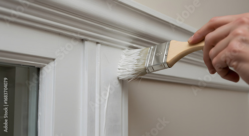 Close up of a person s hand carefully painting white trim around a doorway with a paintbrush