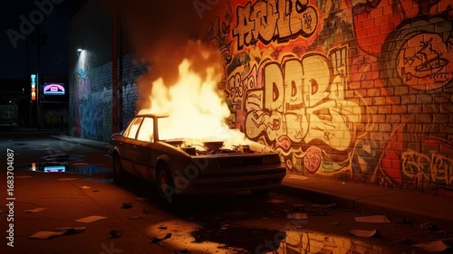 Burning wreckage: Car engulfed in flames against vibrant urban graffiti, cinematic street setting