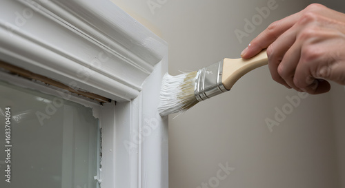 Close up of a hand holding a paintbrush applying white paint to a detailed architectural molding