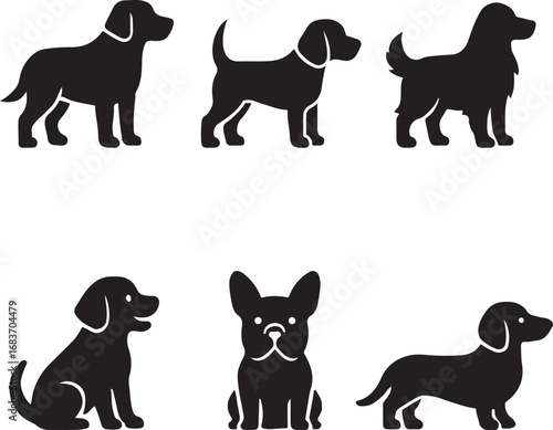A collection of black vector dog silhouettes featuring various poses, perfect for animal-themed designs
