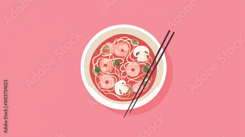 Delicious shrimp noodle bowl with mushrooms and scallions top view on pink backdrop inviting flavors and textures