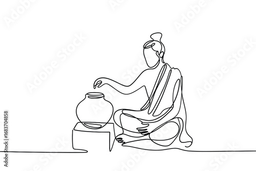Monk offering alms to a pot in a single line drawing