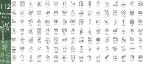 Agriculture Icon Set – Farming, Cultivation, Organic Food, Tractor, Greenhouse, Research, Soil, Irrigation, Harvest, Seeds, Smart Farming, Sustainability, Farm Tools, Bio Fertilizer, Crop Growth