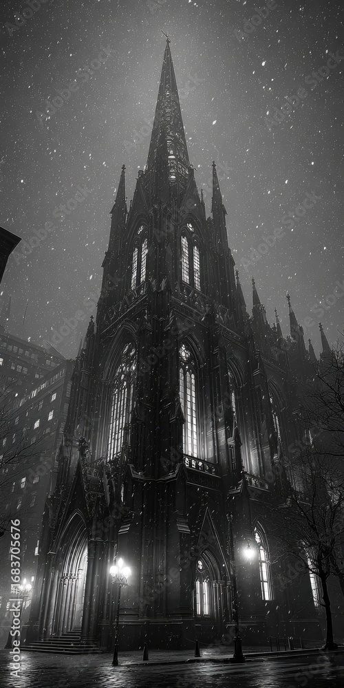 Obraz premium Gothic cathedral at night, shrouded in mist
