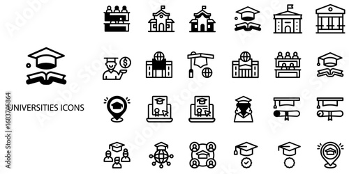 Universities simple concept 24 Black and White color icons set .Vector illustration.