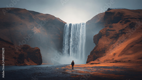 Fototapeta Naklejka Na Ścianę i Meble -  A lone hiker stands before the powerful waterfall in Iceland's rugged terrain.