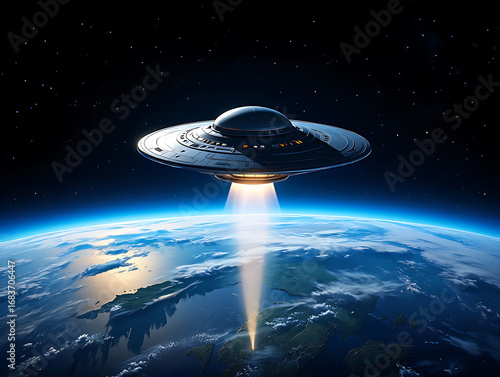 A classic silver flying saucer ufo hovers above planet earth, emitting a bright beam of light into the atmosphere