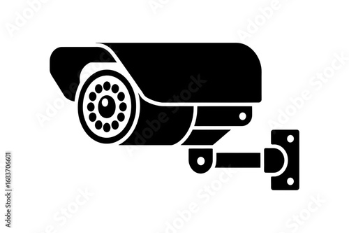 A black and white illustration of a security camera mounted on a wall bracket system here