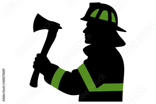 Silhouette of a firefighter in uniform holding an axe with green accents on the helmet and sleeves