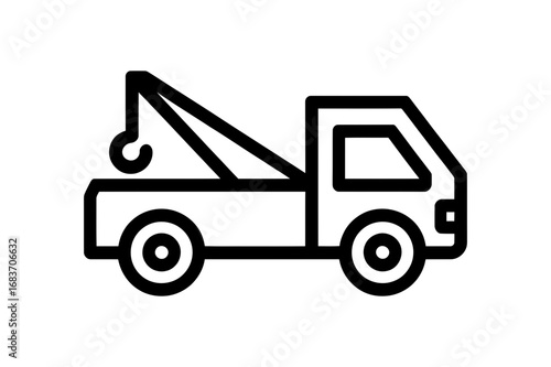 Illustration of a black outline tow truck with a hook and two visible wheels on a white background
