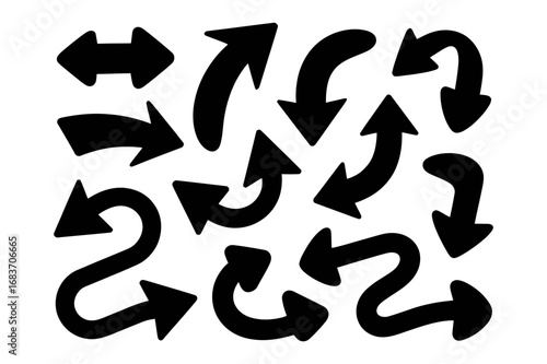 Collection of black hand drawn arrows pointing in various directions on a white background